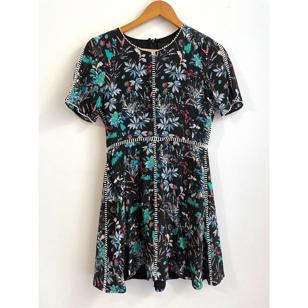 Kooples black silk floral dress with ladder detailing